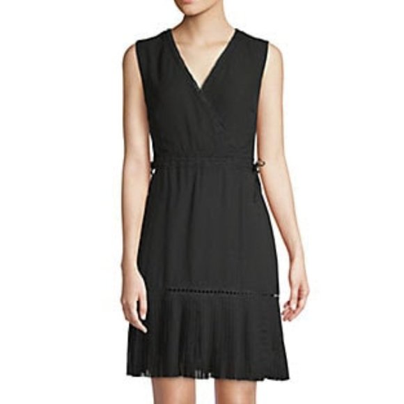ABS Embroidered Faux Wrap A-Line Dress Black with Pleats - Picture 1 of 11